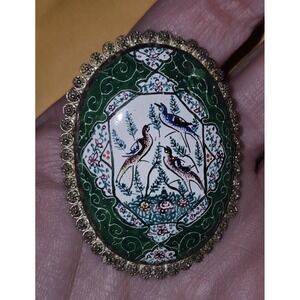 Antique Persian Green Enamel Brooch Oval Scenic Bird Design. Broken. Silver